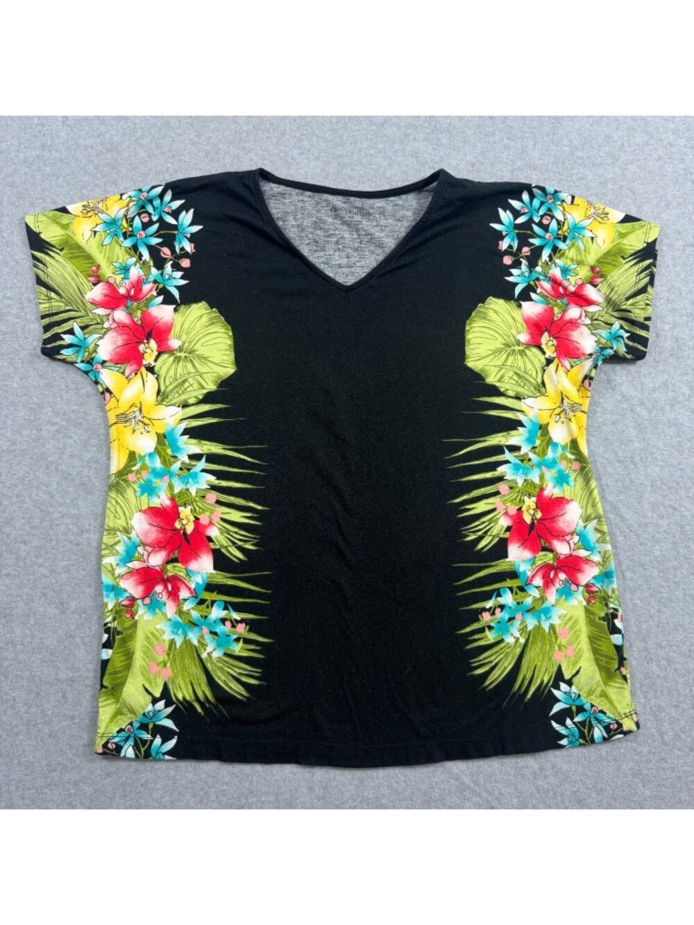 Croft & Barrow Women XL Black Tropical Floral V-Neck Cotton Modal Top